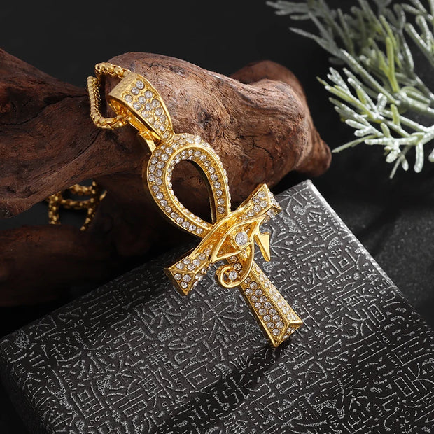 Iced Out Eye of Horus Ankh Cross Pendant Ancient Egyptian Necklace Chain Protection Jewelry for Men Women Fashion Jewelry Gifts