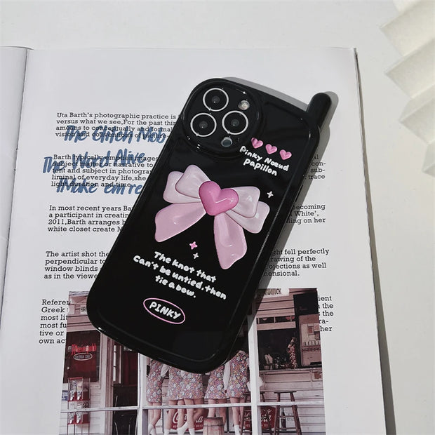 Retro Black Bow Pink Love 3D Phone Case For iPhone 14 13 12 11 Pro Max 14 Plus Cute Love Heart Cartoon Silicone Soft Cover